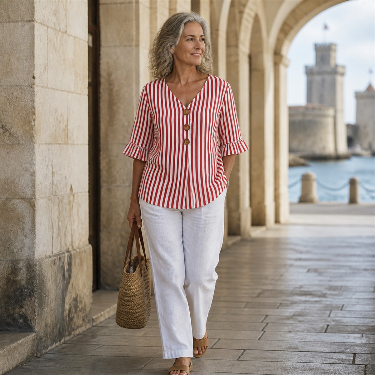Femme portant la blouse ray&eacute;e rouge sous les arcades de La Rochelle