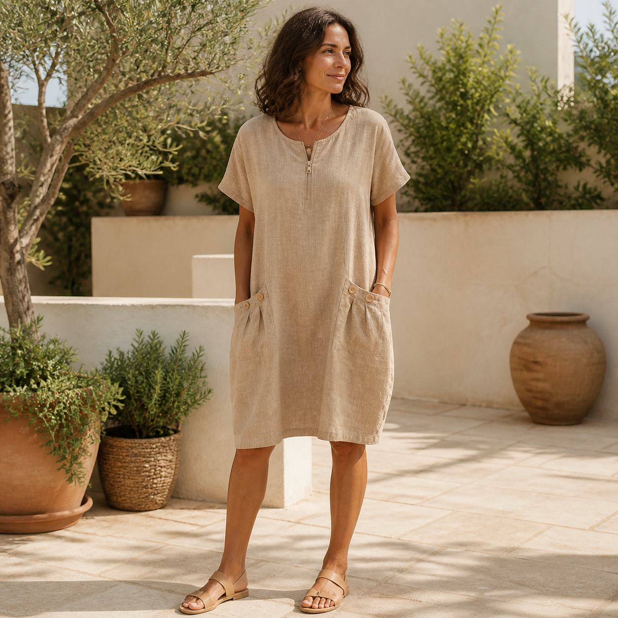 Femme portant la robe ample beige sur une terrasse du sud de la France
