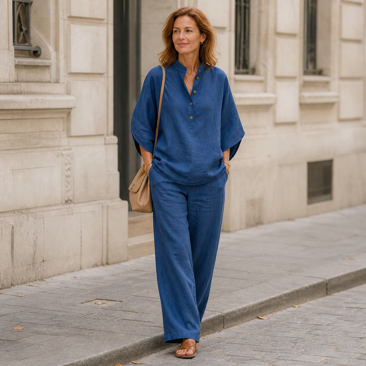 Femme portant l&rsquo;ensemble deux pi&egrave;ces vert dans une rue contemporaine