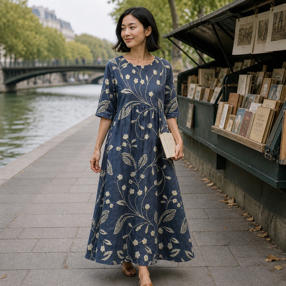 Femme portant une robe florale ample sur une place paisible en France
