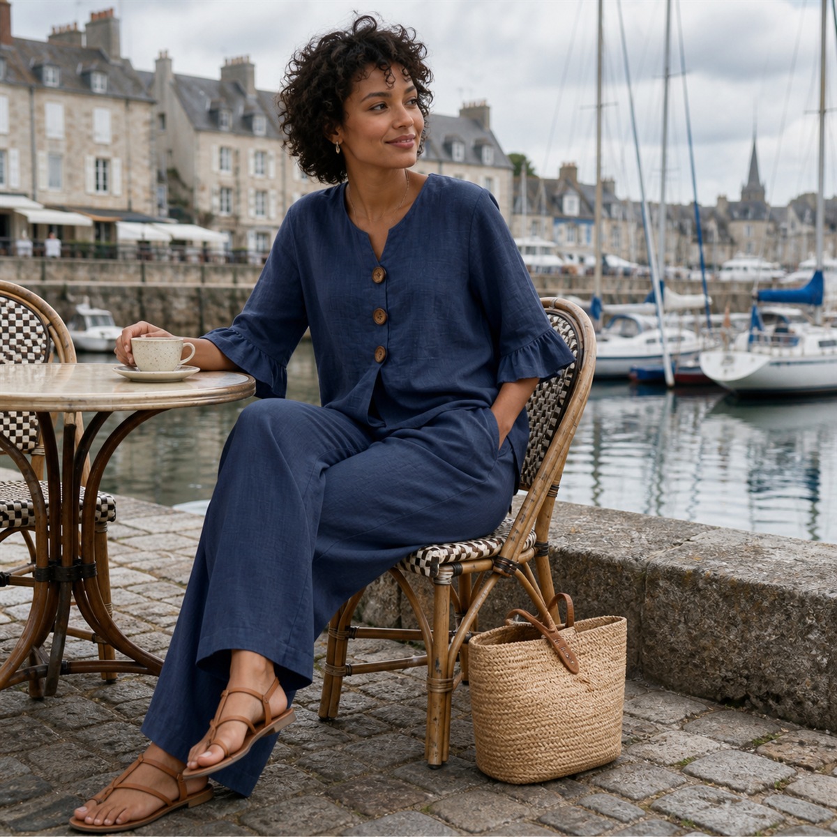 Femme portant l'ensemble bleu marine assise à la terrasse d'un café en Bretagne