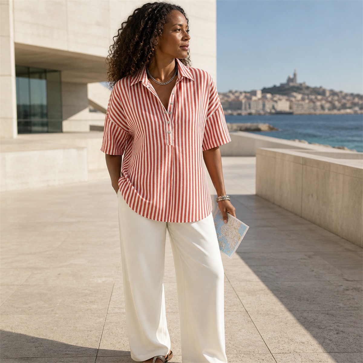 Femme portant le polo ray&eacute; rouge sur la terrasse d'un mus&eacute;e de design &agrave; Marseille