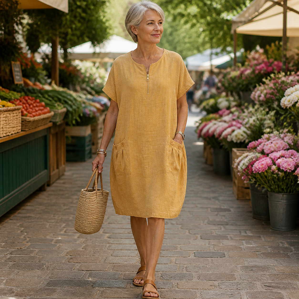 Femme portant la robe jaune lors d’une promenade dans un marché urbain