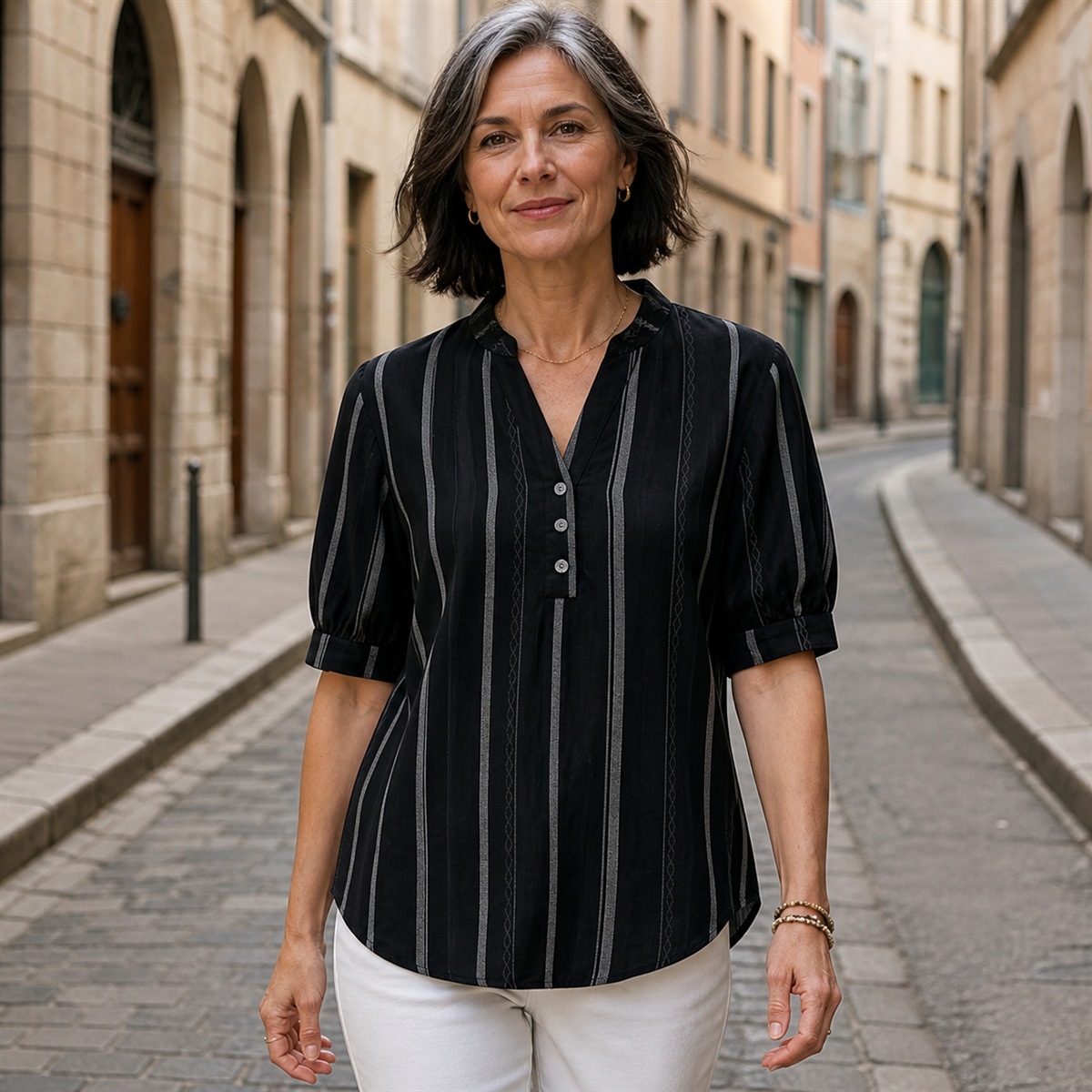 Femme portant le haut Henley caramel rayé dans une rue lumineuse de Lyon