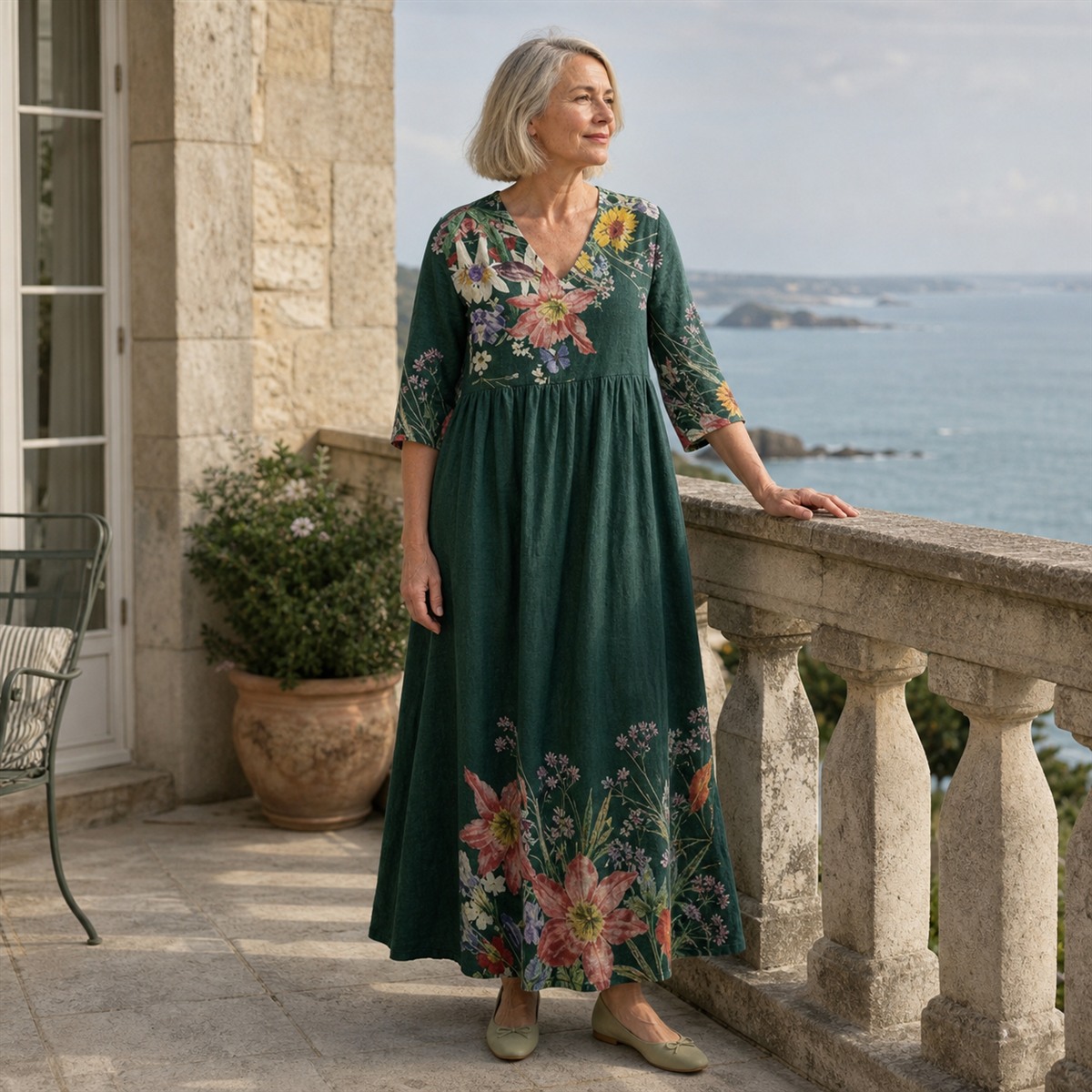 Femme portant la robe longue botanique verte sur la terrasse d'une auberge bretonne