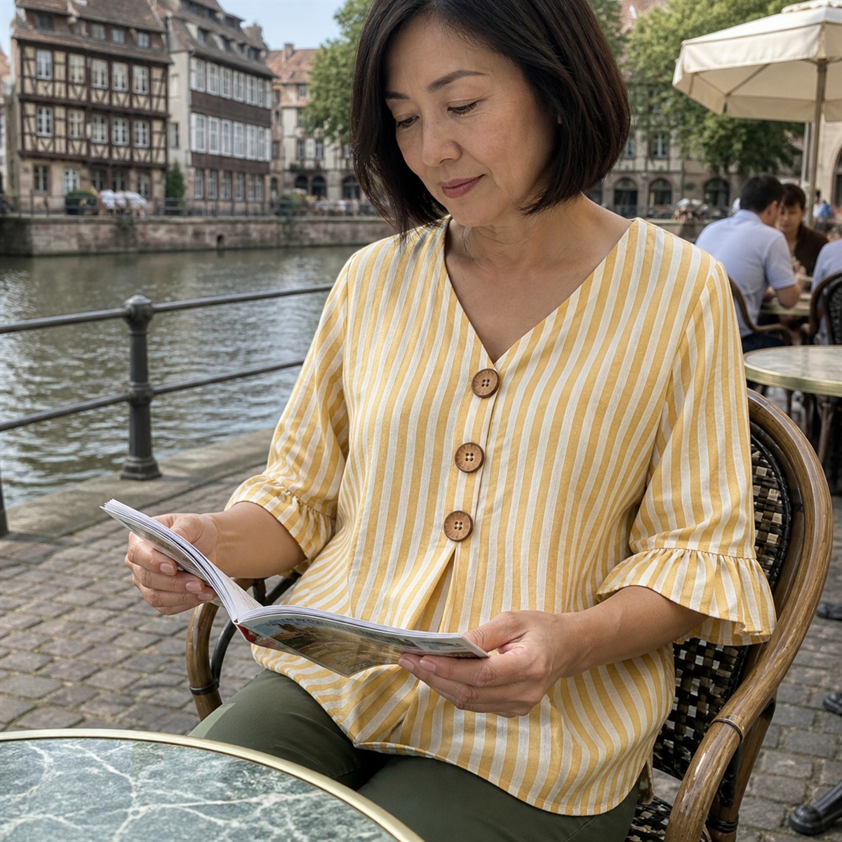 Femme portant la blouse ray&eacute;e jaune &agrave; une terrasse au bord de l'eau &agrave; Strasbourg