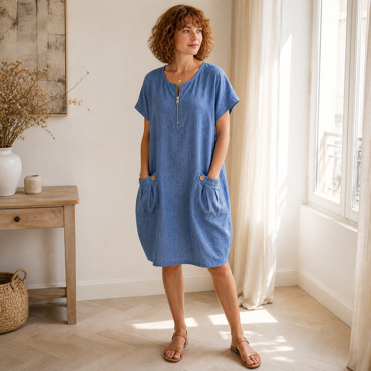 Femme portant la robe bleu clair dans un intérieur lumineux