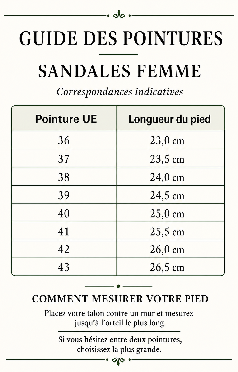 Guide des tailles des sandales femme du 36 au 43