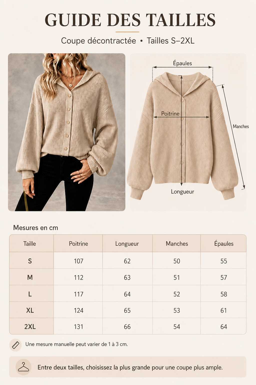 Guide français des tailles S à 2XL pour le gilet femme côtelé à capuche
