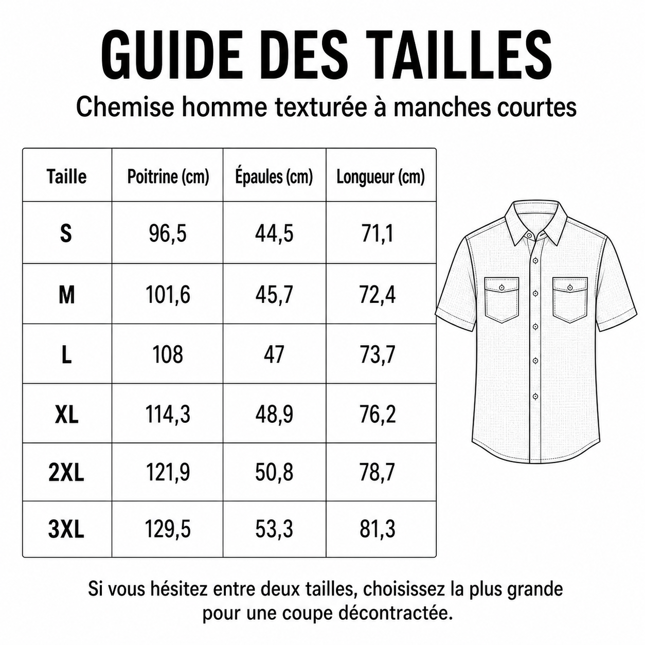 Guide français des tailles S à 3XL pour la chemise homme texturée à manches courtes