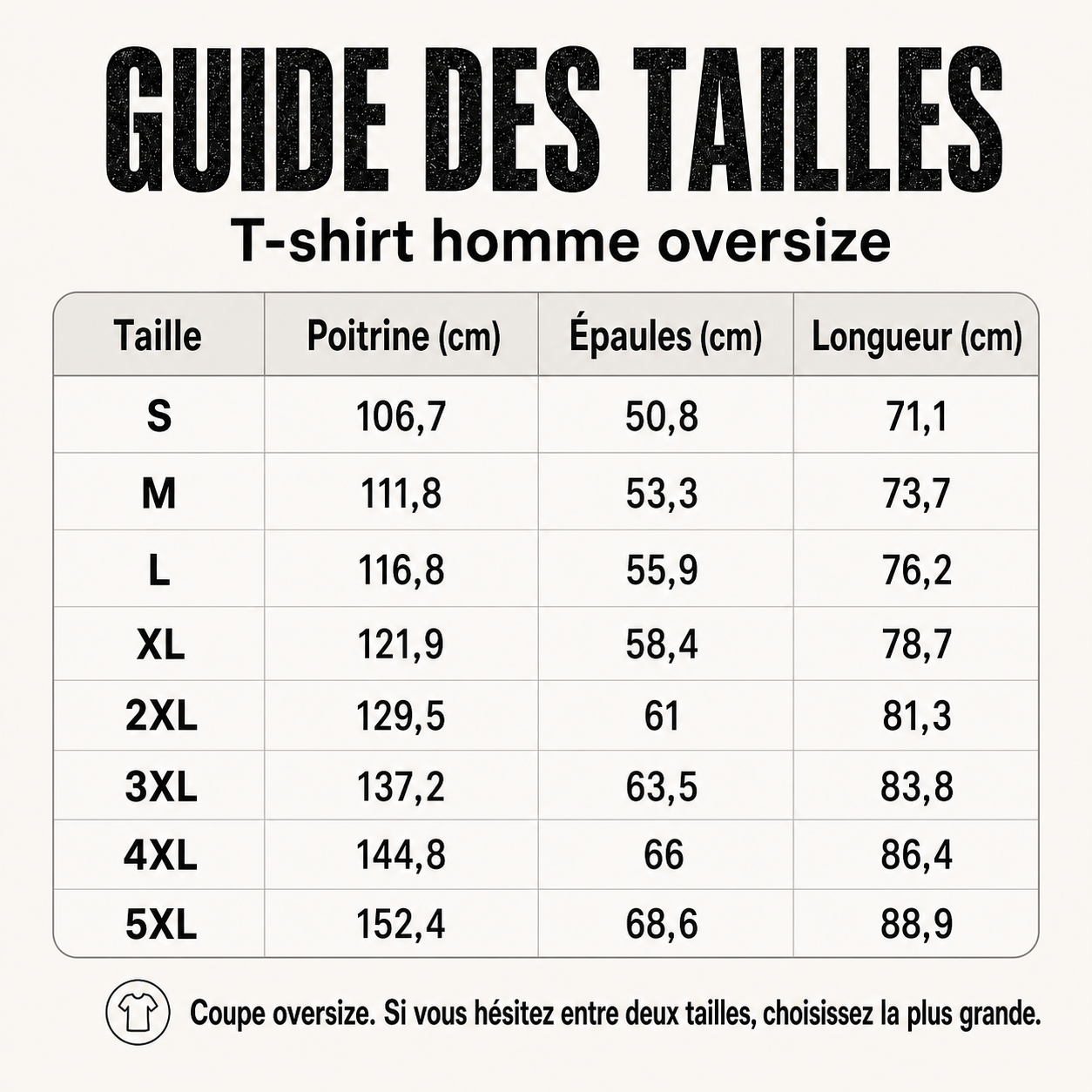 Guide français des tailles S à 5XL pour le T-shirt homme oversize effet délavé