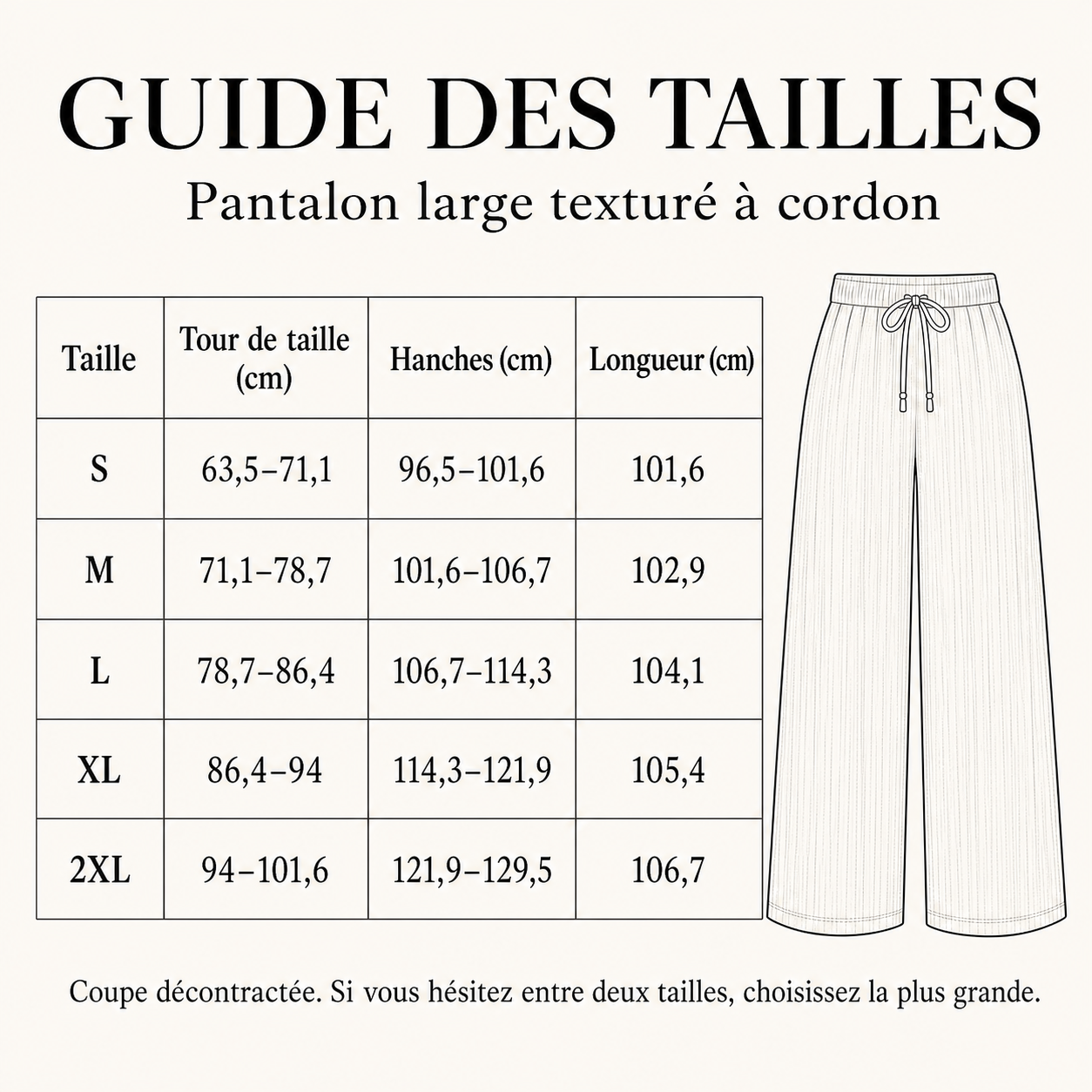 Guide français des tailles S à 2XL pour le pantalon large texturé à cordon