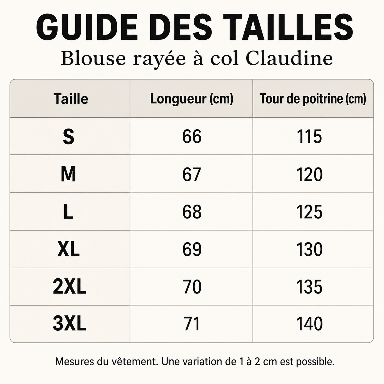 Guide français des tailles S à 3XL pour la blouse rayée à col Claudine