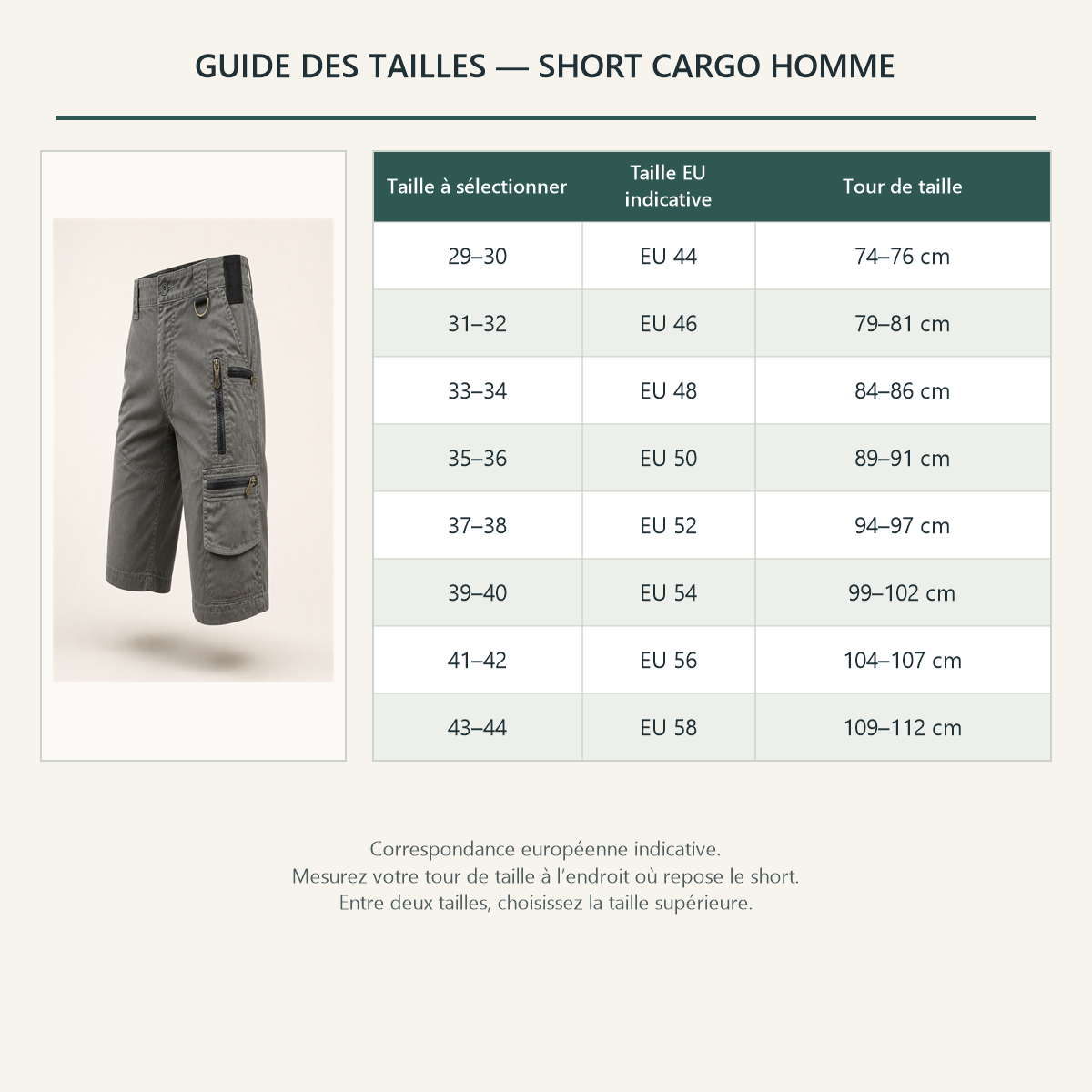 Guide d&eacute;taill&eacute; des tailles europ&eacute;ennes du short cargo homme avec le v&ecirc;tement en r&eacute;f&eacute;rence