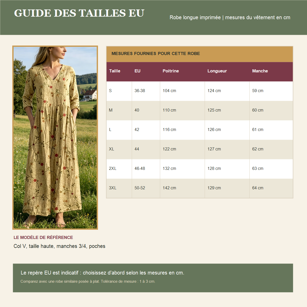 Guide fran&ccedil;ais des tailles EU avec mesures et photo de la robe longue imprim&eacute;e