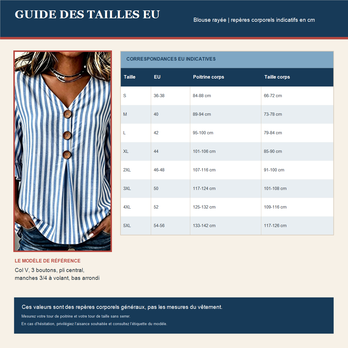 Guide fran&ccedil;ais des tailles EU indicatives avec la blouse ray&eacute;e bleue de r&eacute;f&eacute;rence