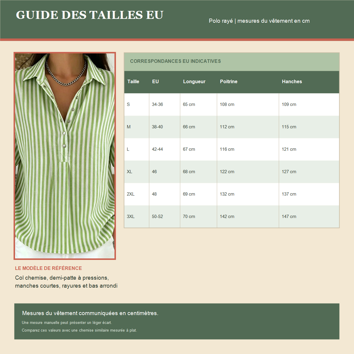 Guide fran&ccedil;ais des tailles EU avec mesures du polo ray&eacute; vert de r&eacute;f&eacute;rence
