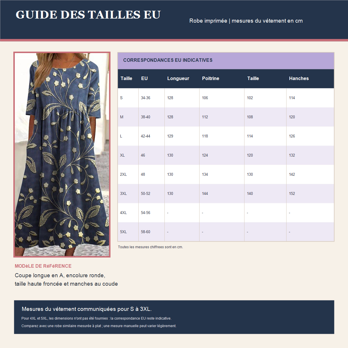 Guide fran&ccedil;ais des tailles EU avec la robe imprim&eacute;e de r&eacute;f&eacute;rence et ses mesures