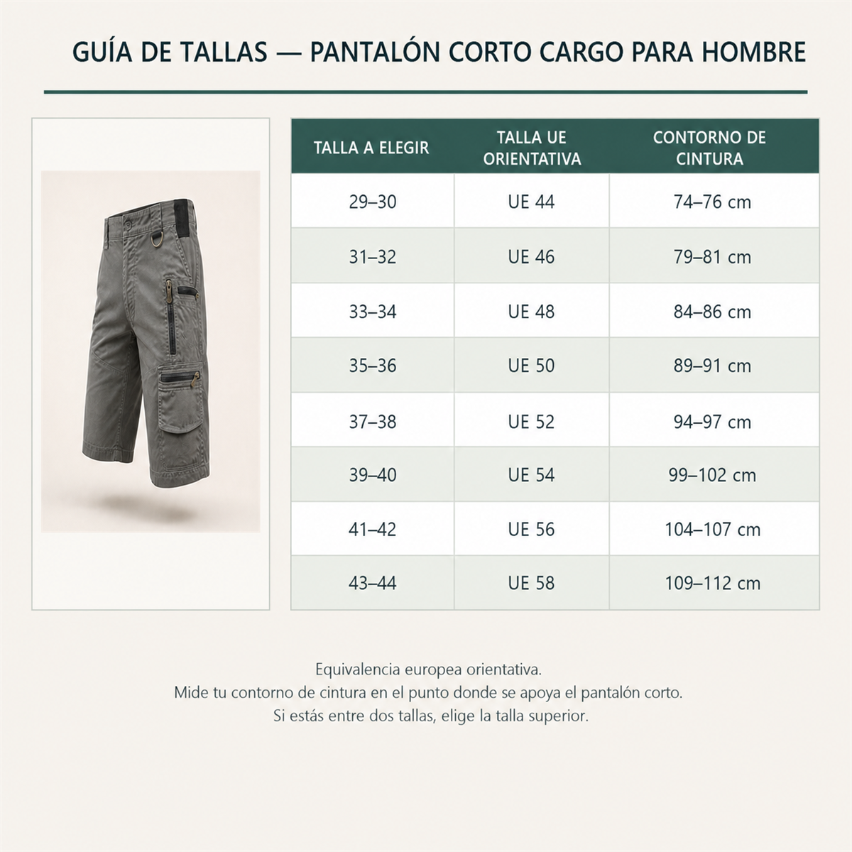 Guía de tallas europea en español para pantalón corto cargo de hombre
