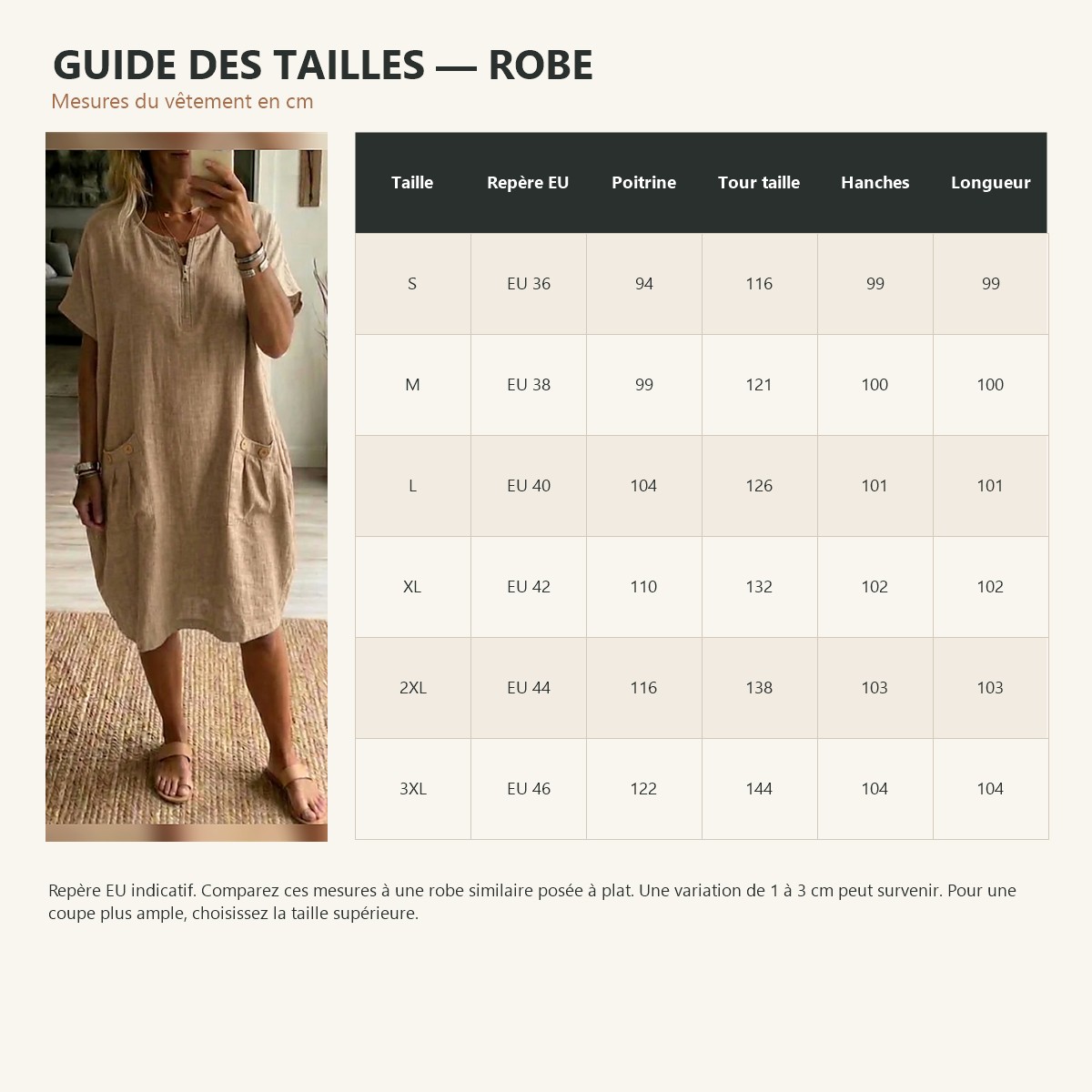 Guide détaillé des tailles européennes de la robe ample