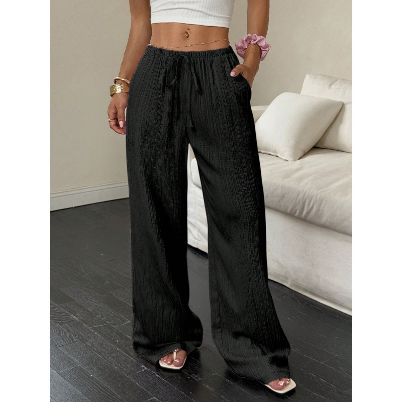 Women's textured drawstring wide leg pants - Black