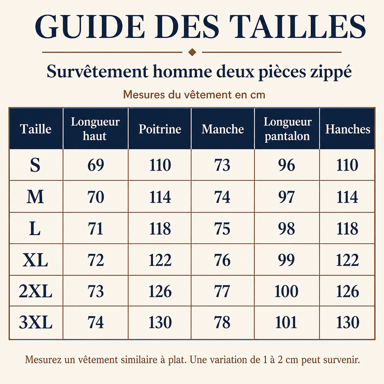 Guide français des tailles en centimètres pour le survêtement homme deux pièces zippé