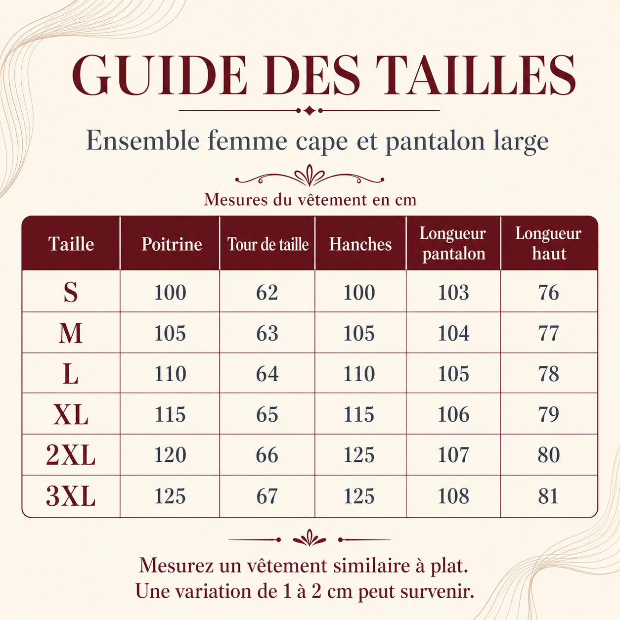 Guide français des tailles en centimètres pour l’ensemble femme cape et pantalon large
