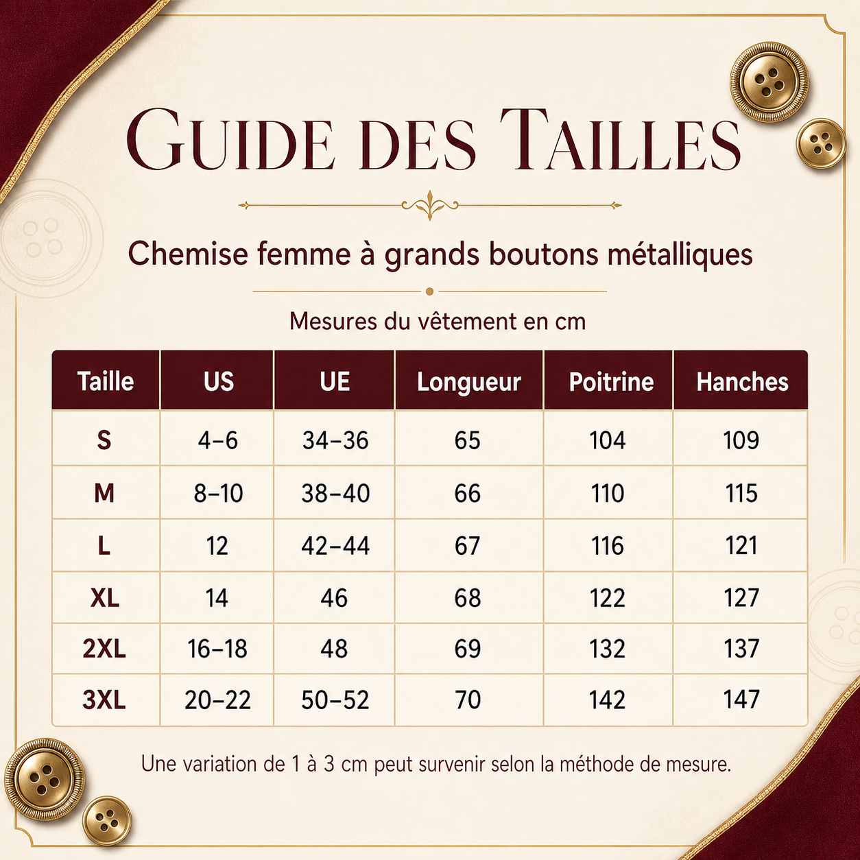 Guide français des tailles US et UE en centimètres pour la chemise femme à grands boutons métalliques