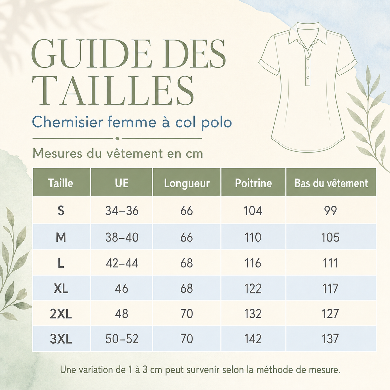 Guide français des tailles UE en centimètres pour le chemisier femme à col polo