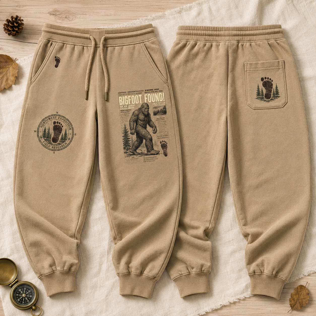 Big Foot Found! Vintage Newspaper Sasquatch Graphic Pants