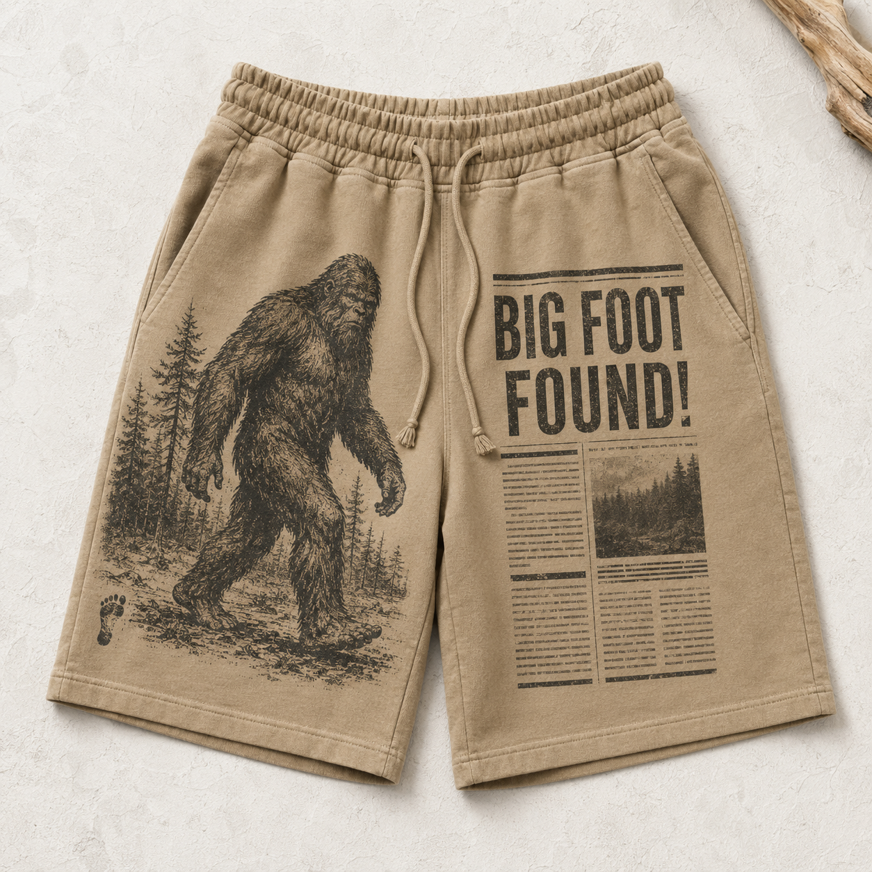 Big Foot Found! Vintage Newspaper Sasquatch Graphic Shorts