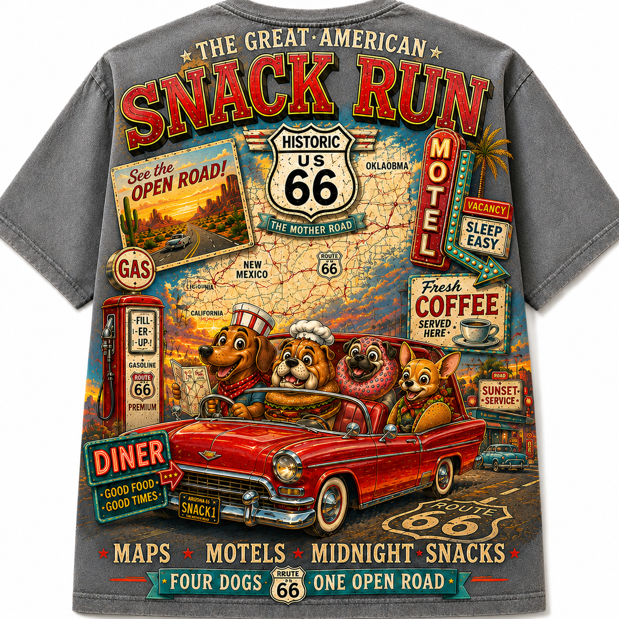 Route 66 Snack Run Four Dogs Road Trip T-Shirt