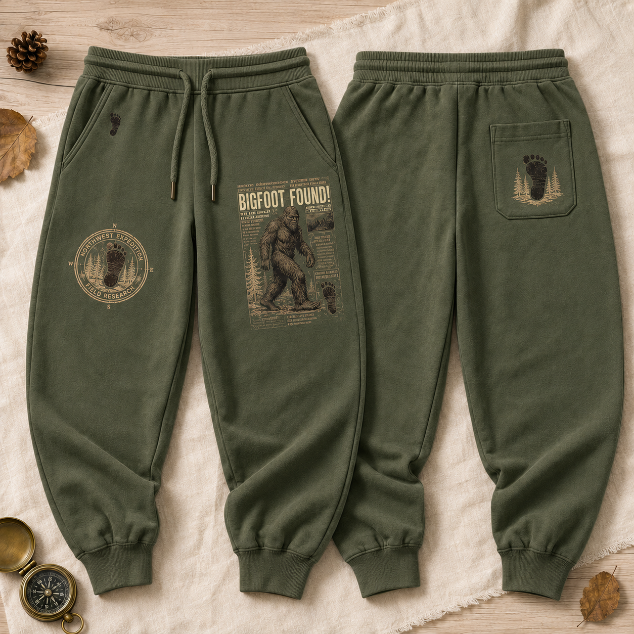 Big Foot Found! Vintage Newspaper Sasquatch Graphic Pants