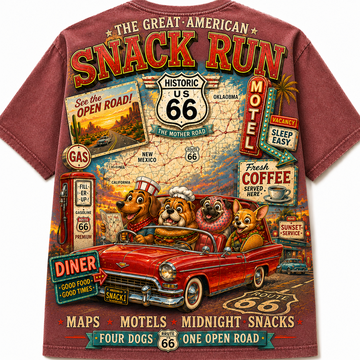 Route 66 Snack Run Four Dogs Road Trip T-Shirt