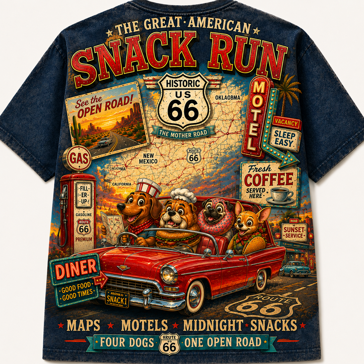 Route 66 Snack Run Four Dogs Road Trip T-Shirt