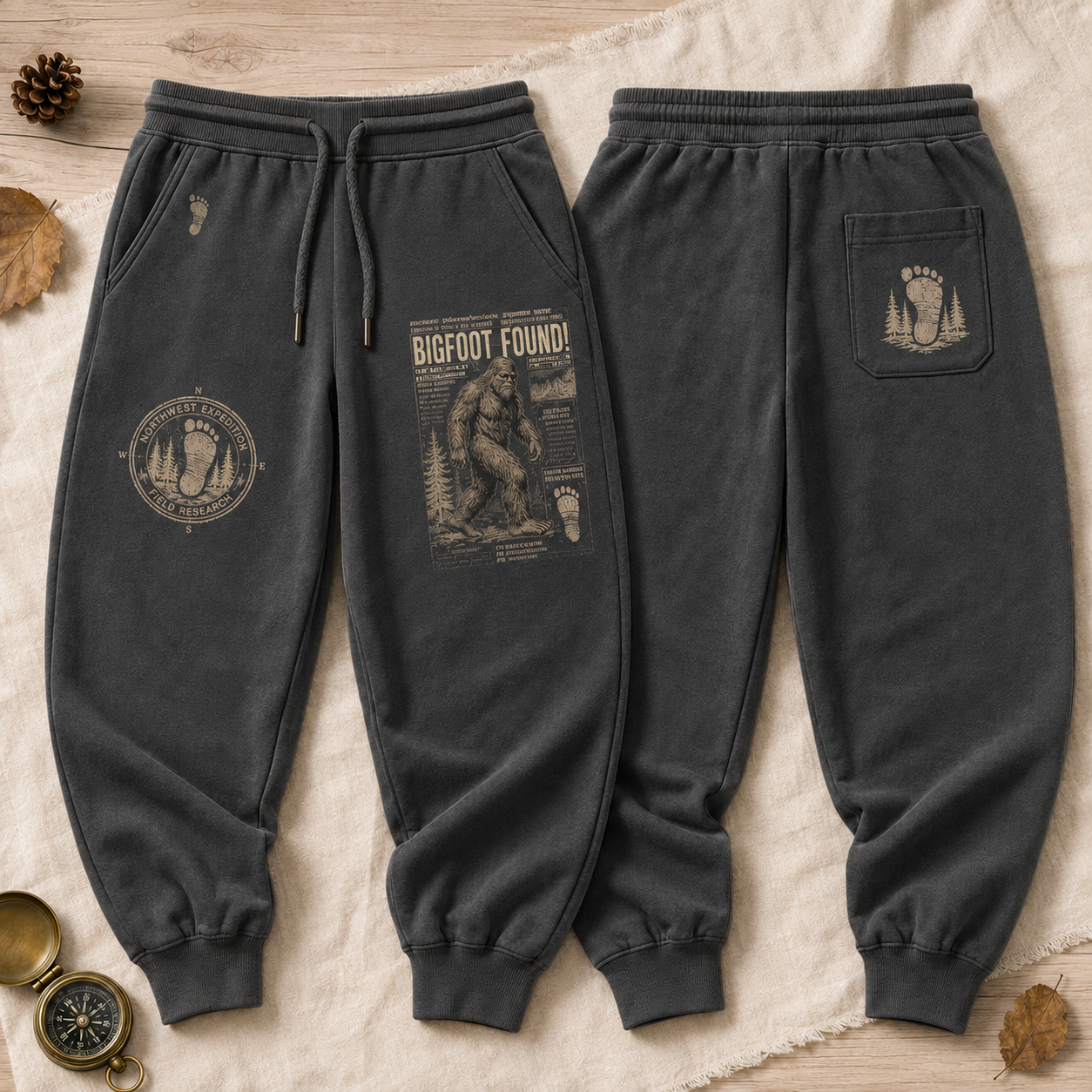 Big Foot Found! Vintage Newspaper Sasquatch Graphic Pants
