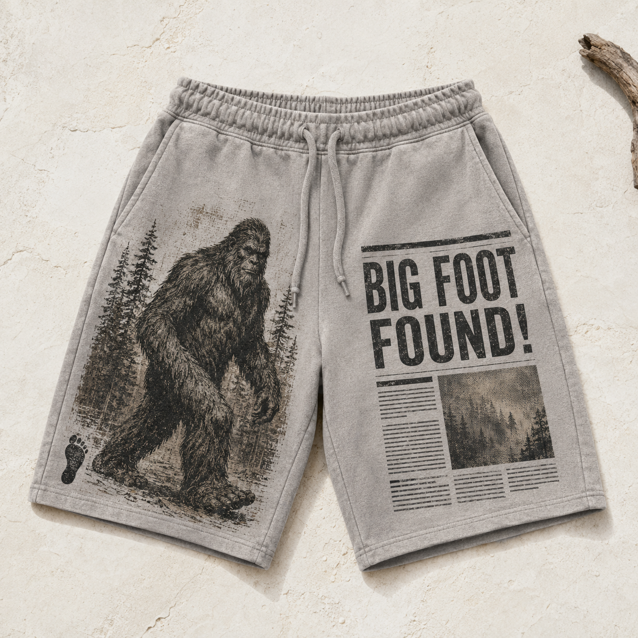 Big Foot Found! Vintage Newspaper Sasquatch Graphic Shorts