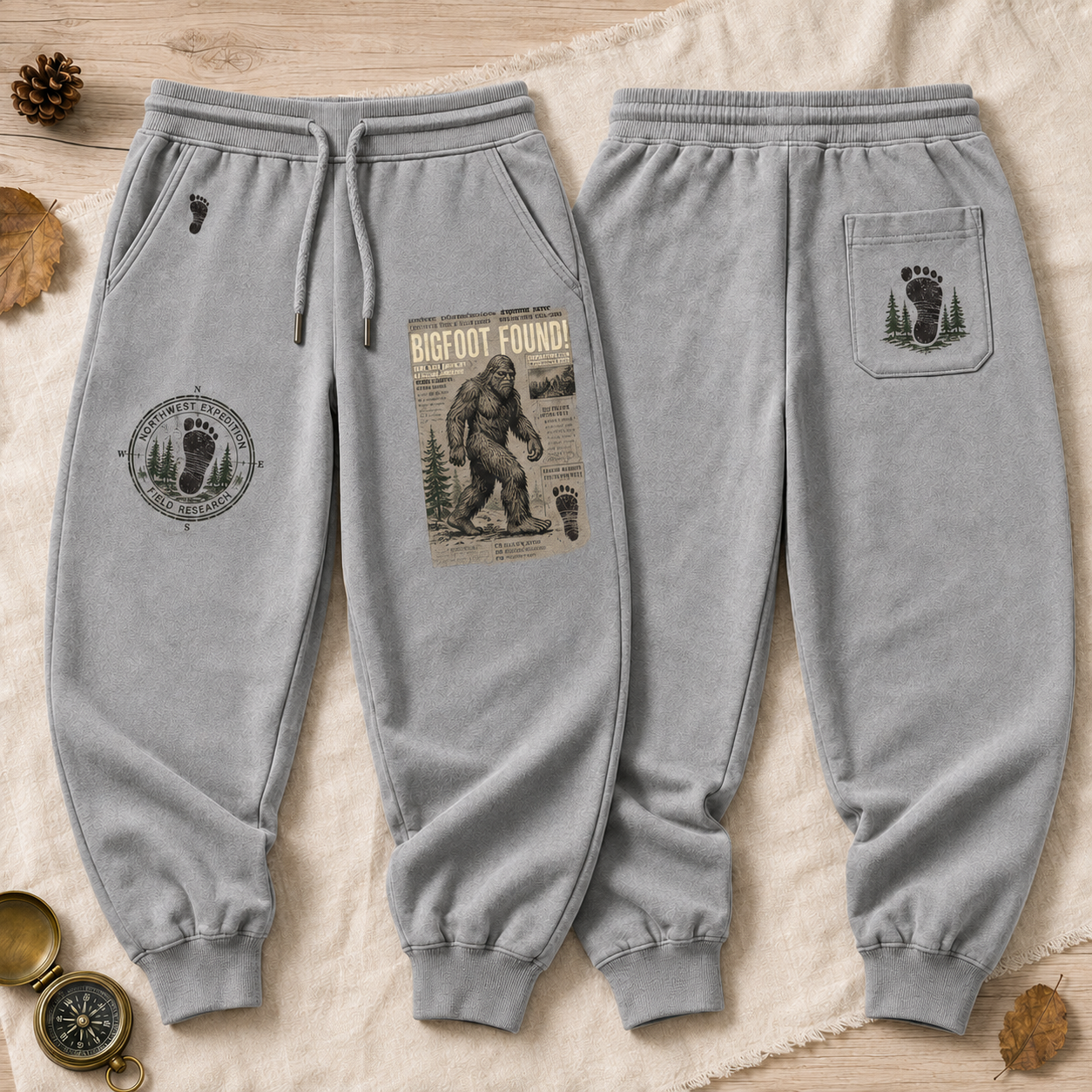 Big Foot Found! Vintage Newspaper Sasquatch Graphic Pants