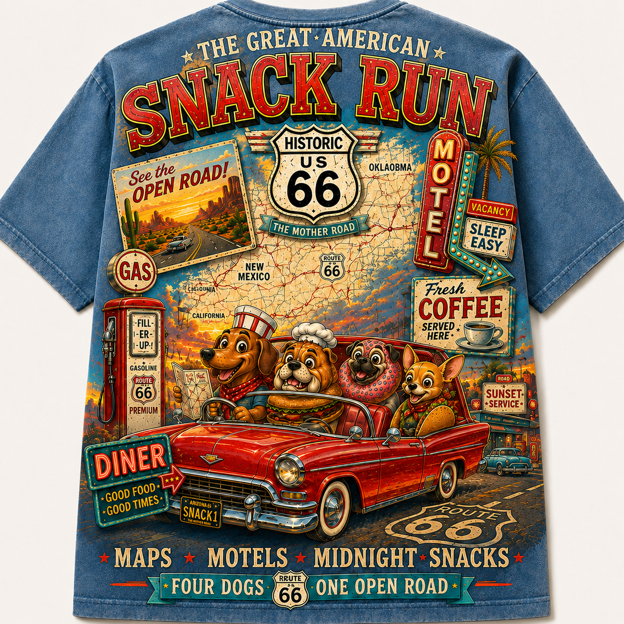 Route 66 Snack Run Four Dogs Road Trip T-Shirt