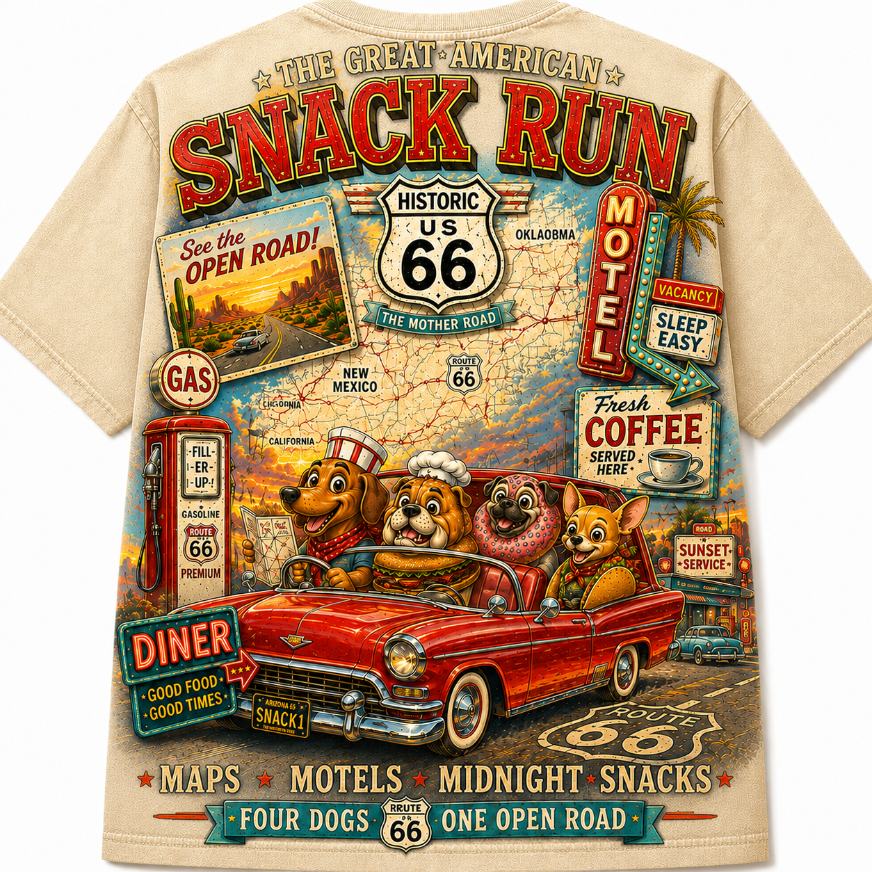 Route 66 Snack Run Four Dogs Road Trip T-Shirt