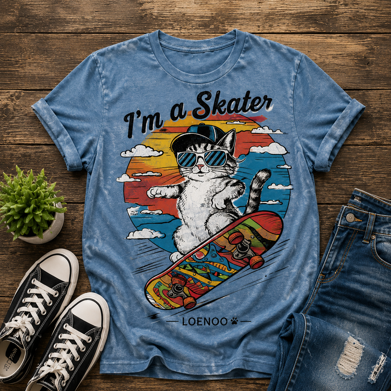 Ride the Good Vibes – Retro Skater Cat Tee