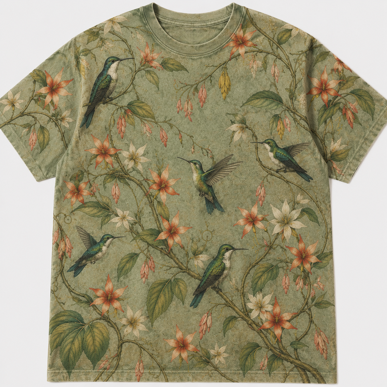 Vintage Hummingbird & Bloom Botanical All-Over Print T-Shirt