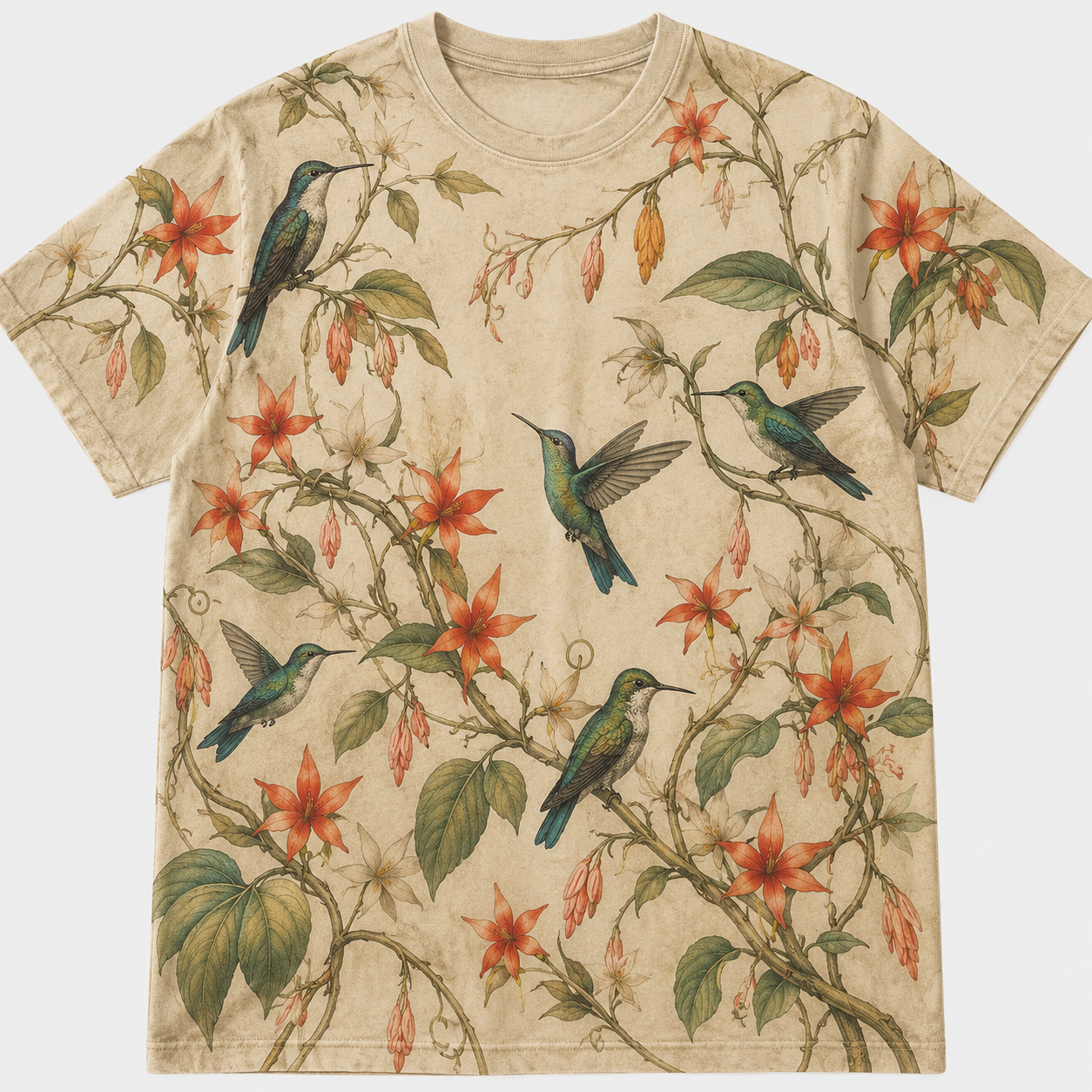 Vintage Hummingbird & Bloom Botanical All-Over Print T-Shirt