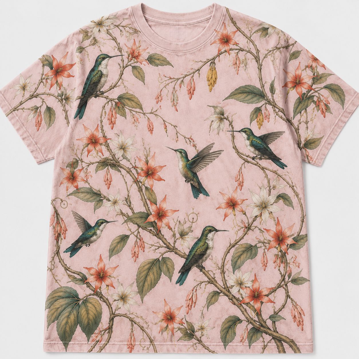 Vintage Hummingbird & Bloom Botanical All-Over Print T-Shirt