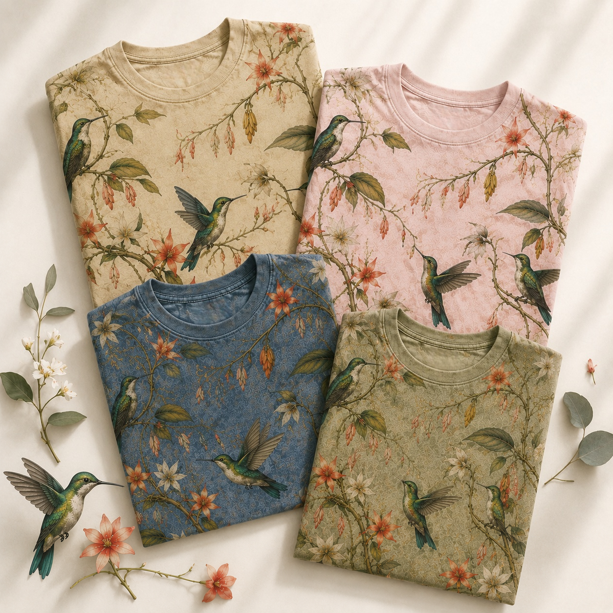 Vintage Hummingbird & Bloom Botanical All-Over Print T-Shirt