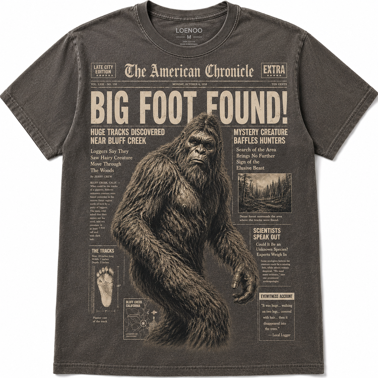 Big Foot Found! Vintage Newspaper Sasquatch Graphic T-Shirt