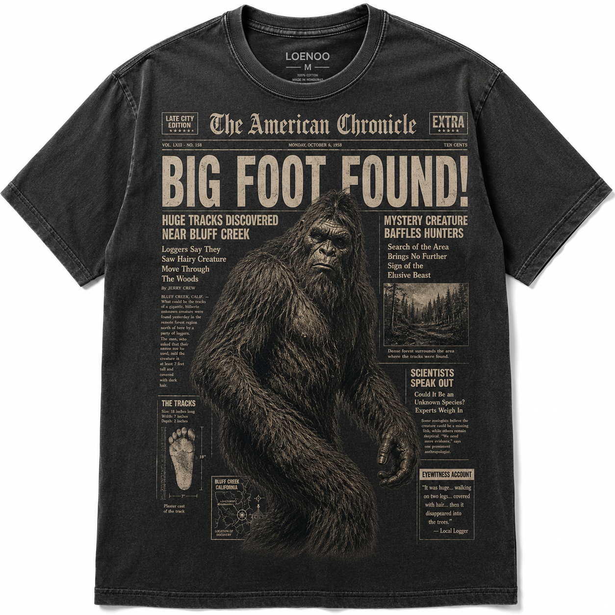 Big Foot Found! Vintage Newspaper Sasquatch Graphic T-Shirt