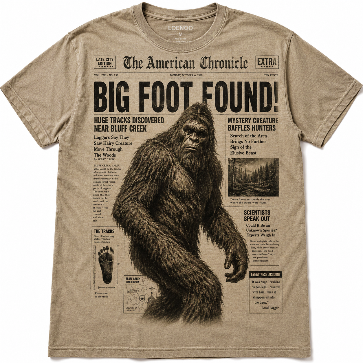 Big Foot Found! Vintage Newspaper Sasquatch Graphic T-Shirt