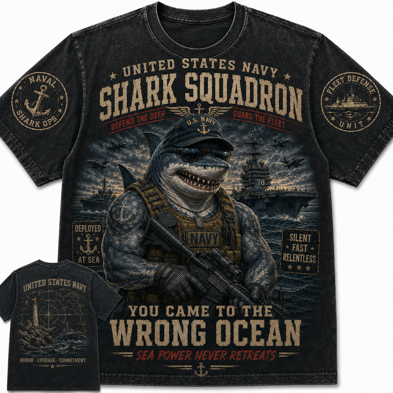 United States Navy Shark Squadron Vintage Military Shark Graphic T-Shirt