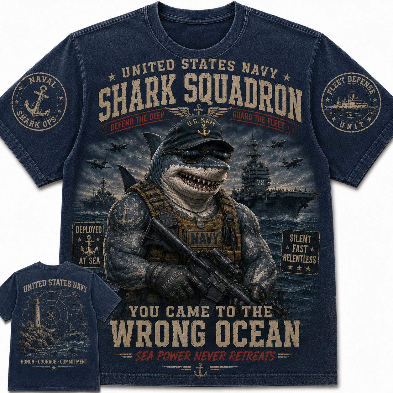 United States Navy Shark Squadron Vintage Military Shark Graphic T-Shirt